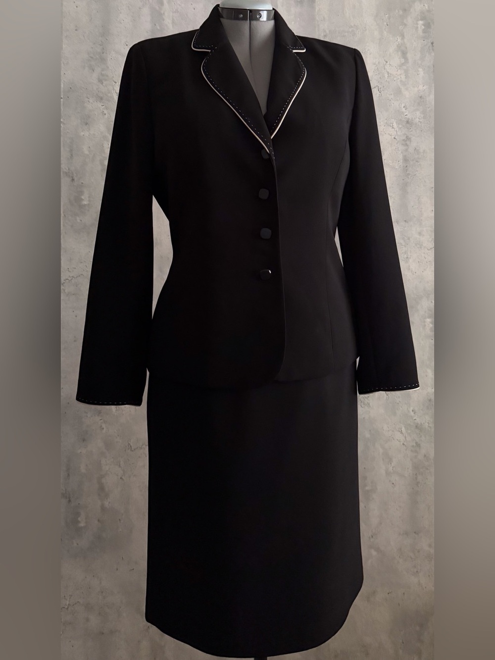 Kasper ASL Black Skirt Suit White Piping Trim Business Professional Career Sz10